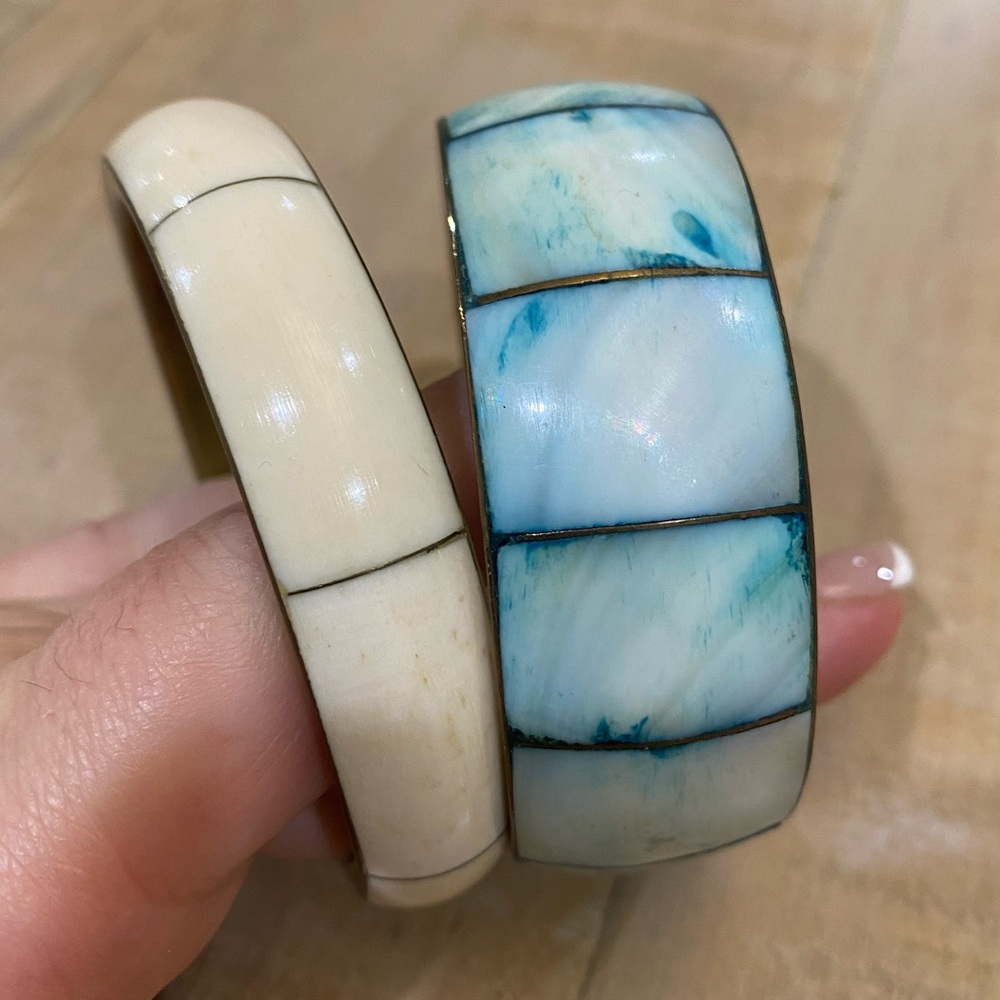 2 Bangle Bracelets TURQUOISE mother of pearl brass